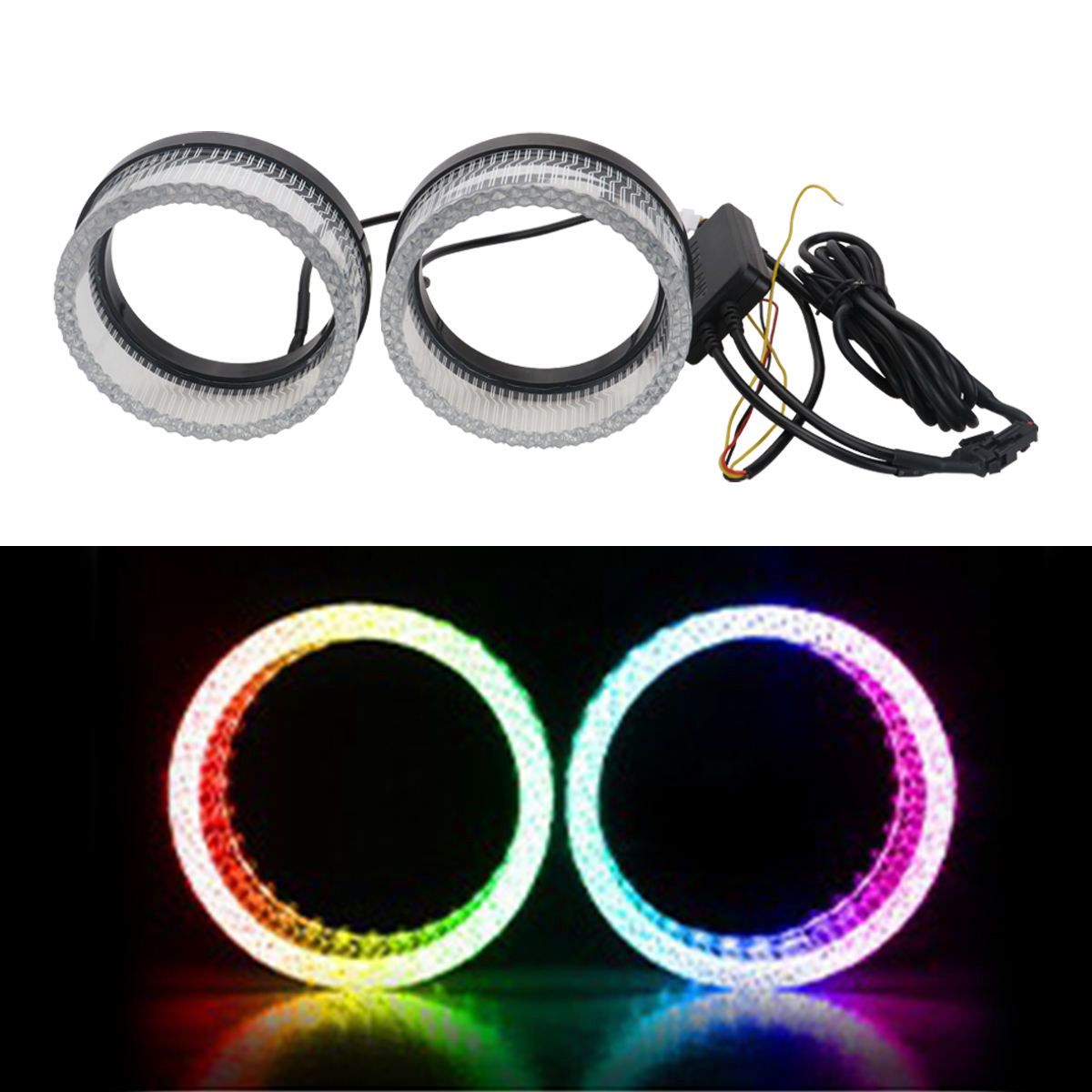 AutoBizarre 2Pcs 3 Inch LED Angel Eyes Halo Ring Headlight Shrouds Cover Mask 5D Crystal RGB DRL Lights with Mobile Application Control for All Cars, Vans, SUVs, etc