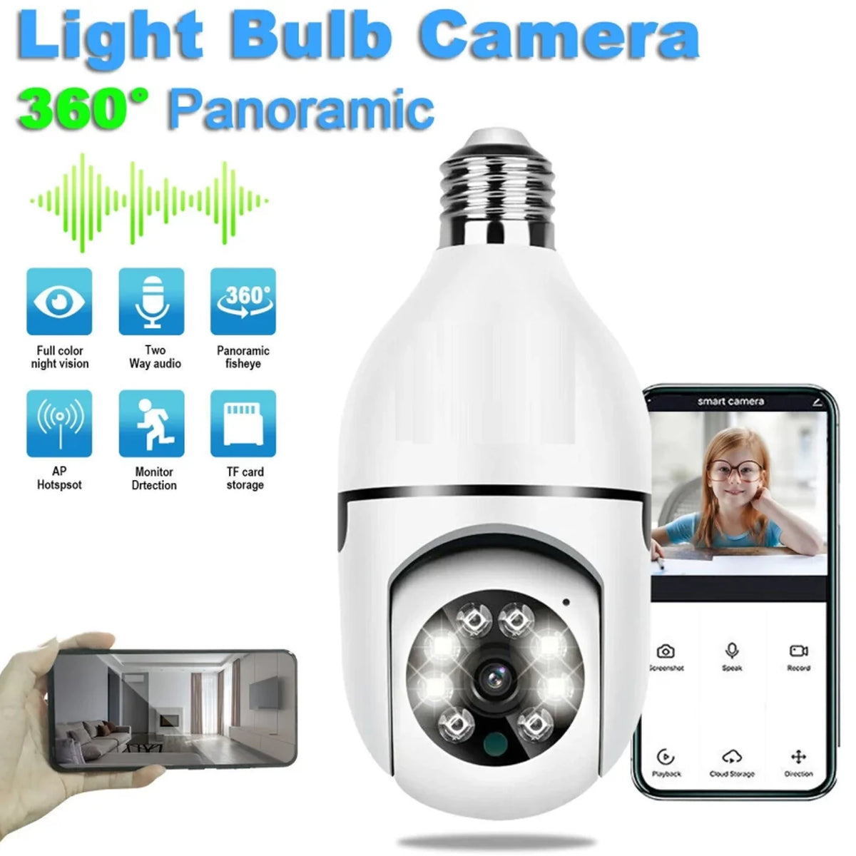 Bulb Camera 360 1080p WiFi Auto Rotation Fish Eye 360 Degree Panoramic Mini Lamp IR CCTV 1080p Home Security…  (Pack of 2)