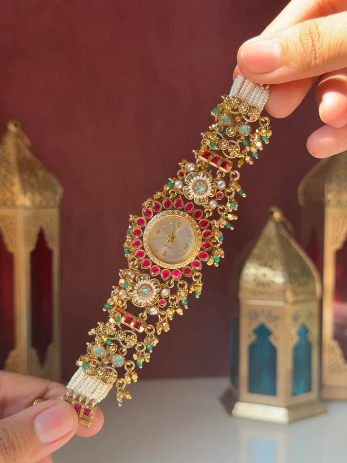 Kashmiri Gold-Plated Temple Jewelry Watch with Ruby & Emerald Stones(BUY 1 GET 1 FREE )