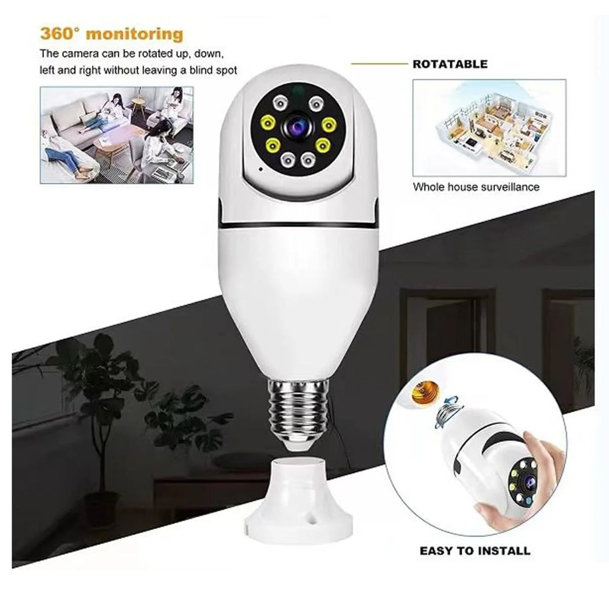 Bulb Camera 360 1080p WiFi Auto Rotation Fish Eye 360 Degree Panoramic Mini Lamp IR CCTV 1080p Home Security…  (Pack of 2)