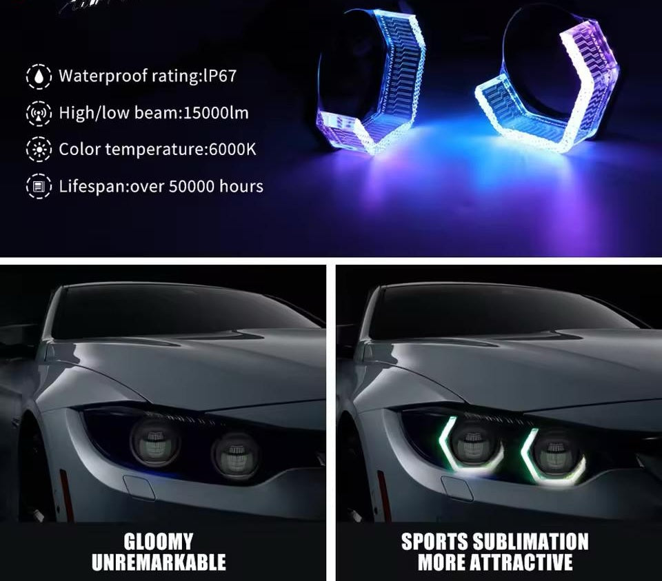 AutoBizarre 2Pcs 3 Inch LED Angel Eyes Halo Ring Headlight Shrouds Cover Mask 5D Crystal RGB DRL Lights with Mobile Application Control for All Cars, Vans, SUVs, etc