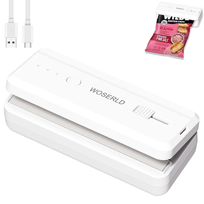 Mini Bag Sealer and Cutter magnet 1300mAh Rechargeable Chip Bag Sealer Machine Sealer Portable Heat Sealer Kitchen Food packaging Plastic bag resealer (White)