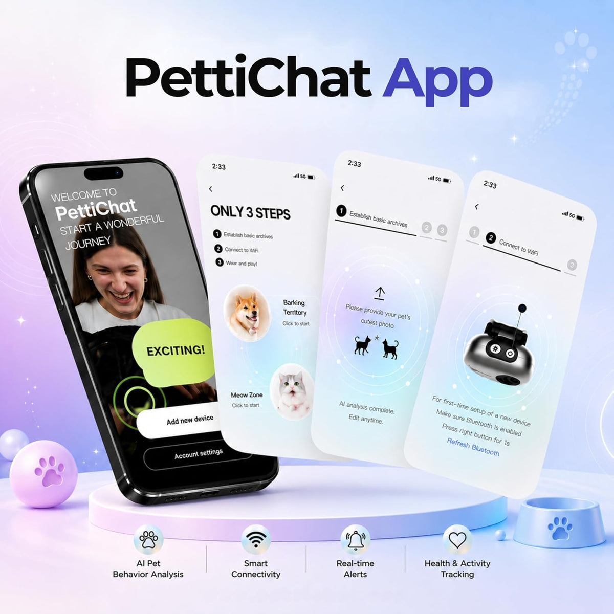 PettiChat AI Translator Collar for Dogs & Cats – Two-Way Communication, Smart Emotion Detection, GPS Location Tracking, App-Controlled Wearable Device