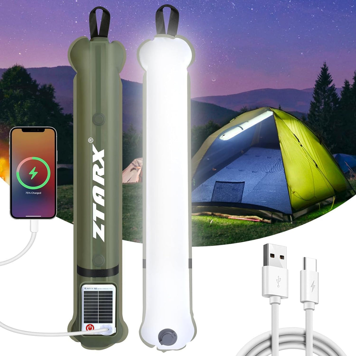Rechargeable Camping Light Bar, IP66 Waterproof LED Tube, TPU Ultralight Electric Light, 2000mAh Foldable Inflatable Outdoor Tent Light for...