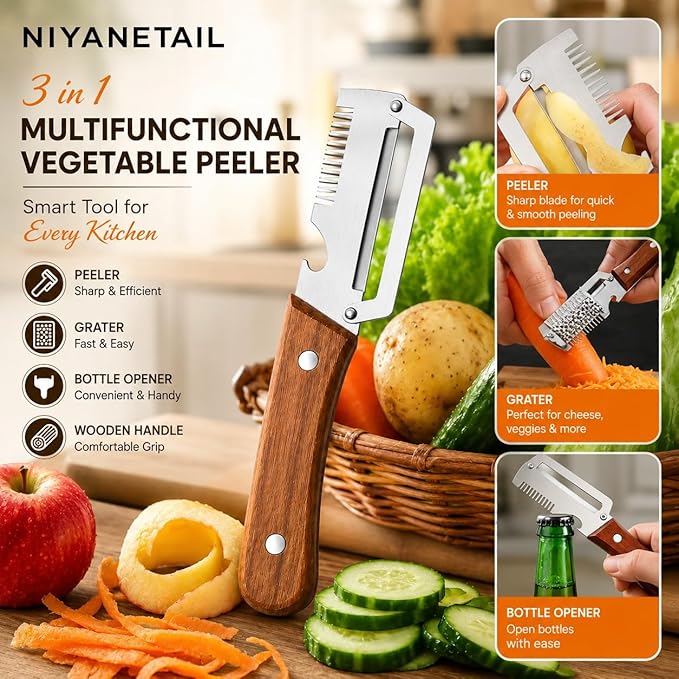 3-in-1 Multifunctional Peeler with Bottle Opener & Wooden Handle