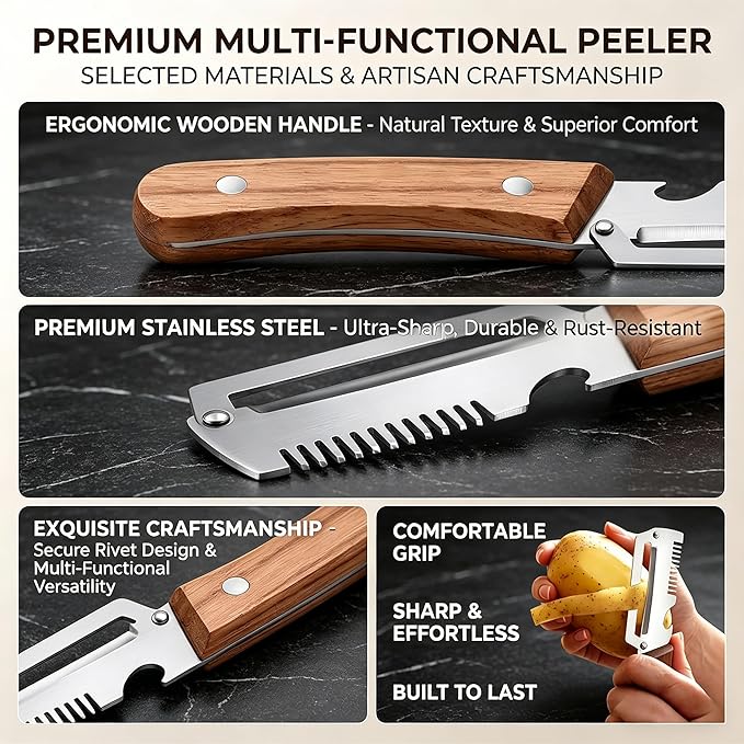 3-in-1 Multifunctional Peeler with Bottle Opener & Wooden Handle