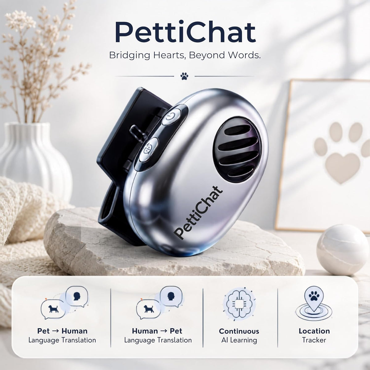 PettiChat AI Translator Collar for Dogs & Cats – Two-Way Communication, Smart Emotion Detection, GPS Location Tracking, App-Controlled Wearable Device