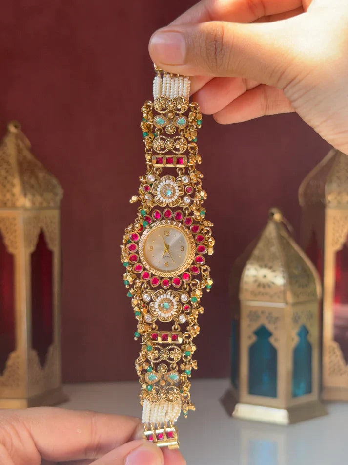 Kashmiri Gold-Plated Temple Jewelry Watch with Ruby & Emerald Stones(BUY 1 GET 1 FREE )