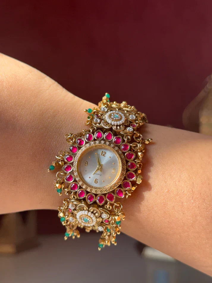 Kashmiri Gold-Plated Temple Jewelry Watch with Ruby & Emerald Stones(BUY 1 GET 1 FREE )