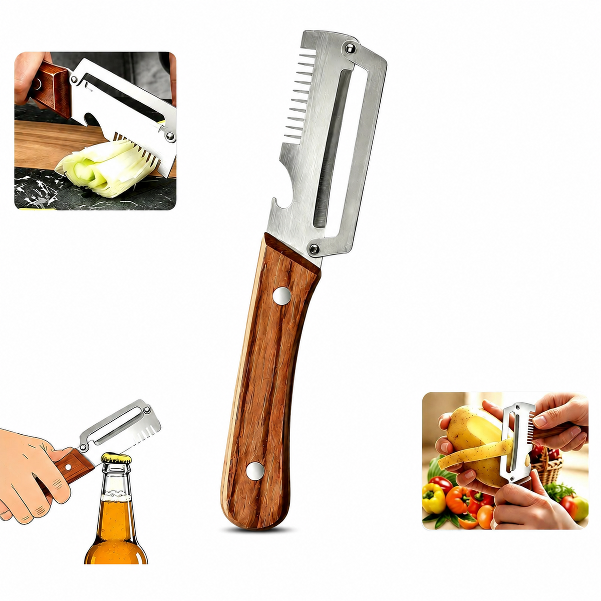 3-in-1 Multifunctional Peeler with Bottle Opener & Wooden Handle