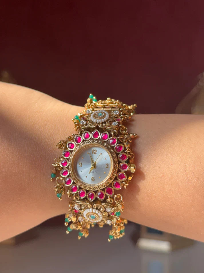 Kashmiri Gold-Plated Temple Jewelry Watch with Ruby & Emerald Stones(BUY 1 GET 1 FREE )