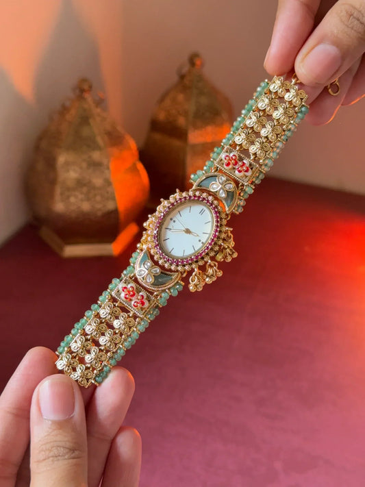 Kashmiri Ethnic Gold Plated Designer Jewelry Watch with Stone & Bead Work(BUY 1 GET 1 FREE )
