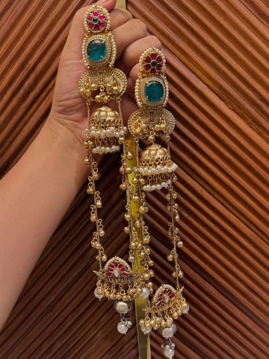 Antique Gold-Plated Long Multi-Chain Kashmiri Jhumkis with Teal & Ruby Stones