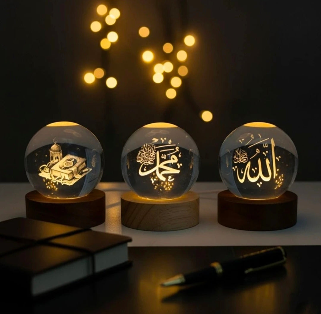 (Pack of 3)Allah muhammad Quram 3d crystal ball islamic allah - LED Glass Lamp Night Lamp Table Lamp (8 cm, White)