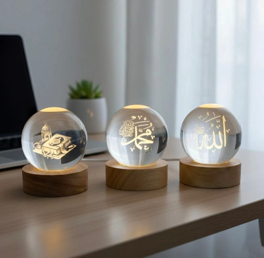 (Pack of 3)Allah muhammad Quram 3d crystal ball islamic allah - LED Glass Lamp Night Lamp Table Lamp (8 cm, White)
