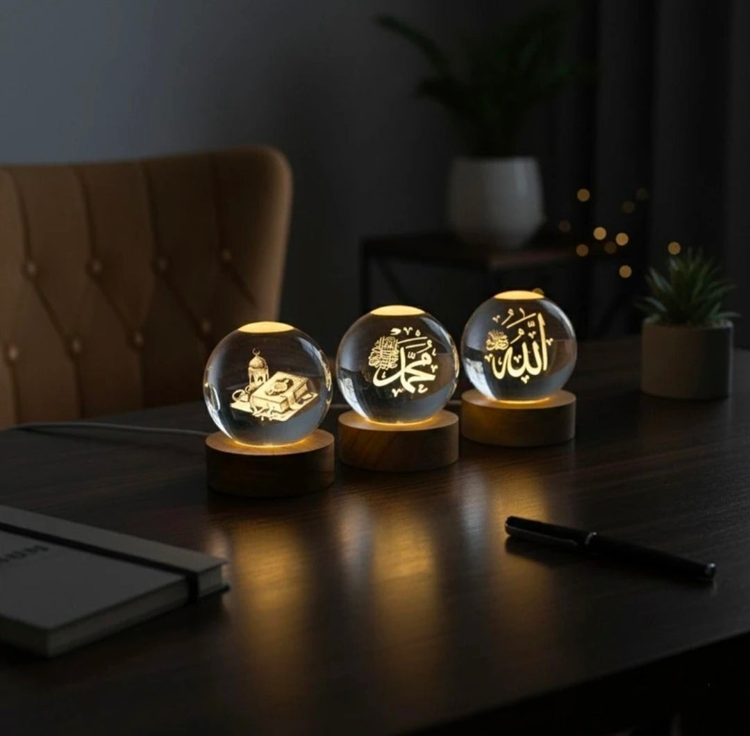(Pack of 3)Allah muhammad Quram 3d crystal ball islamic allah - LED Glass Lamp Night Lamp Table Lamp (8 cm, White)